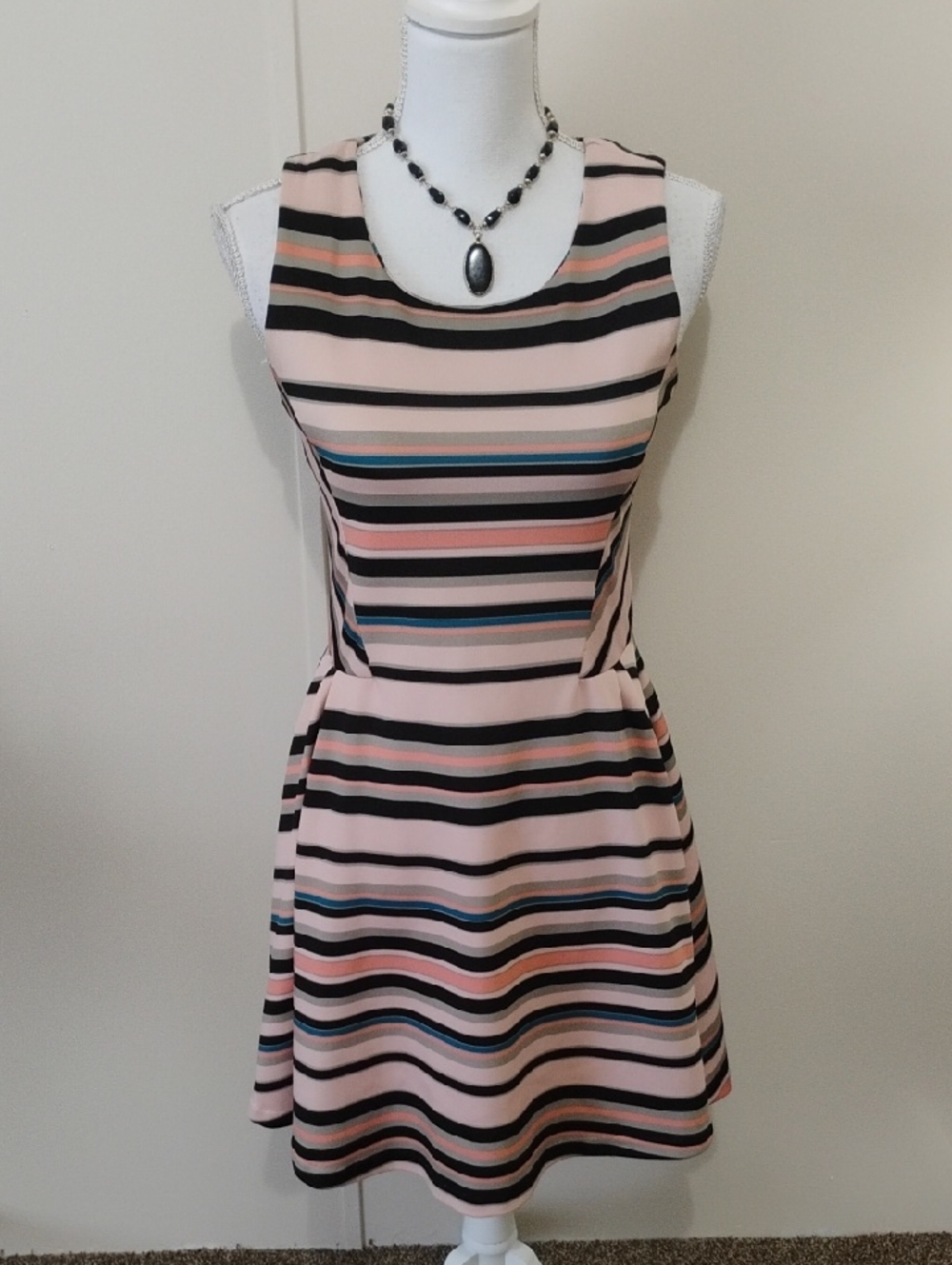 Sleeveless Pink Multi-Stripe Fit-and-Flare Mini Dress